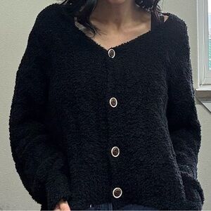 POL Black Fuzzy Cardigan with Button Accents